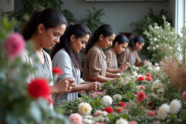 Team of florists creating bouquets